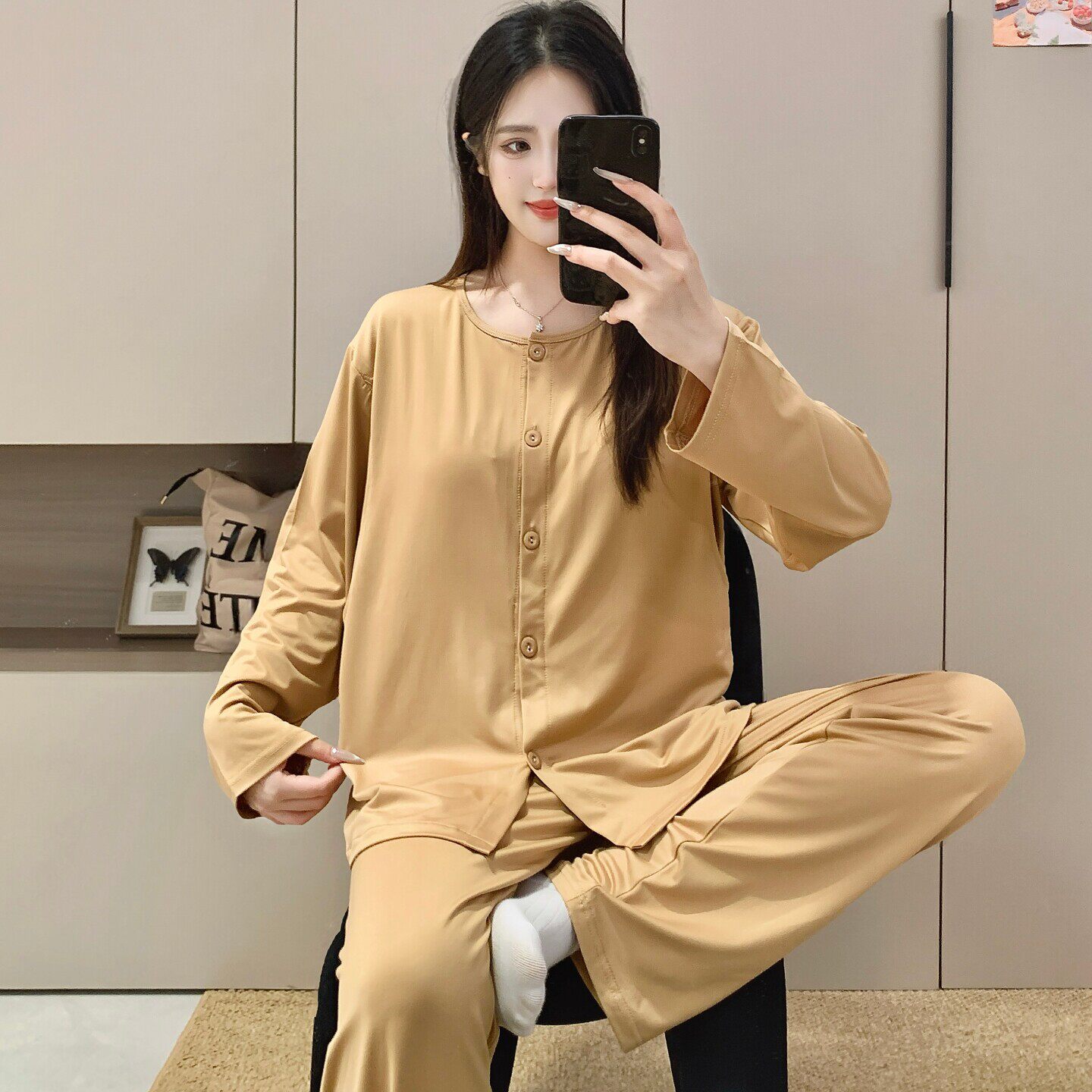 产妇出院哺乳月子服夏薄款圆领不勒肚带胸垫纯色孕妇睡衣春秋季棉