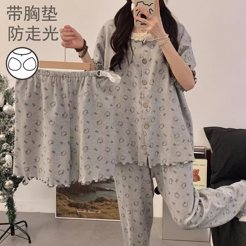 夏天薄款不勒肚月子服带胸垫长裤三件套产后喂奶孕妇睡衣短袖短裤