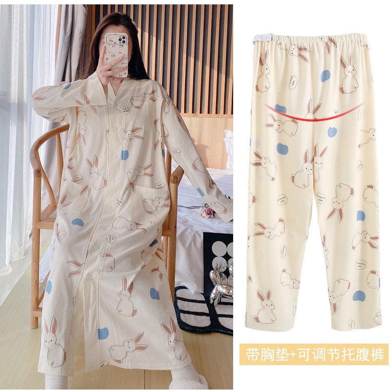 孕妇睡衣医院待产裙生产服薄款带胸垫家居服套装春秋纯棉哺乳睡裙