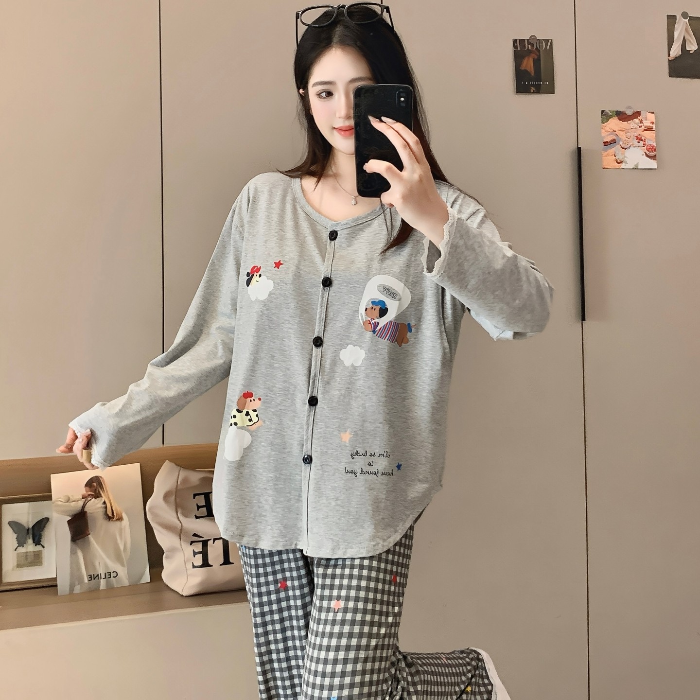 春秋季产后孕妇睡衣哺乳期待产妇坐月子圆领灰色纯棉月子服带胸垫
