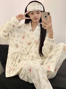 睡衣加绒加厚产妇和服保暖不勒肚珊瑚绒月子服秋冬季产后哺乳孕妇