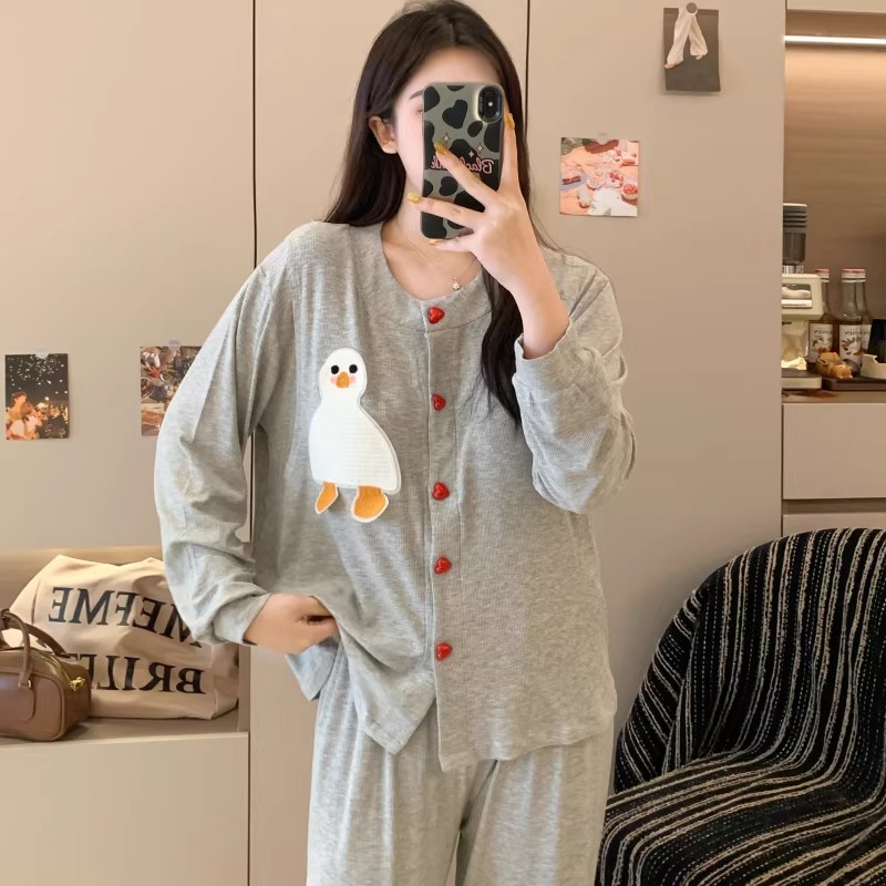 莫代尔月子服哺乳带胸垫夏季薄款产妇孕妇睡衣大码不勒肚圆领夏天