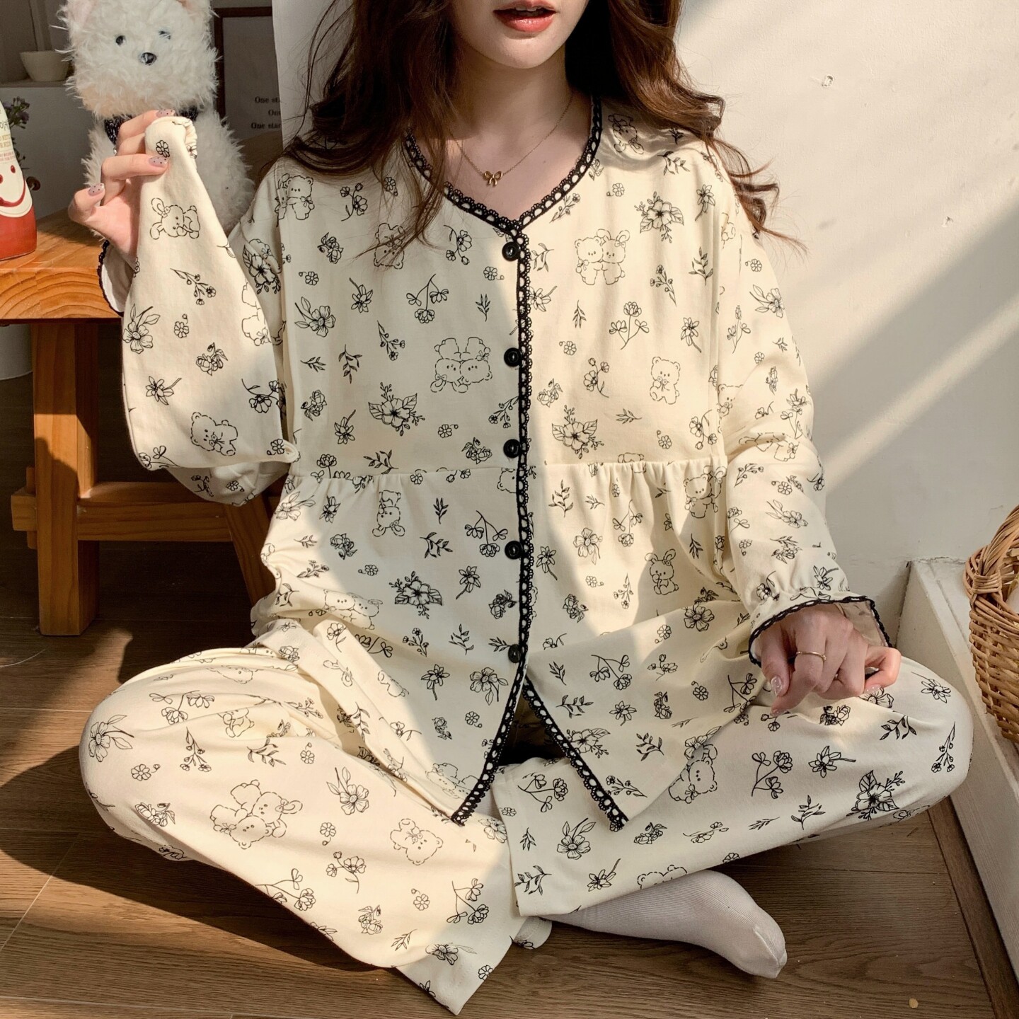产后待产妇孕妇睡衣春夏季哺乳圆领带胸垫月子帽月子服春秋季薄款