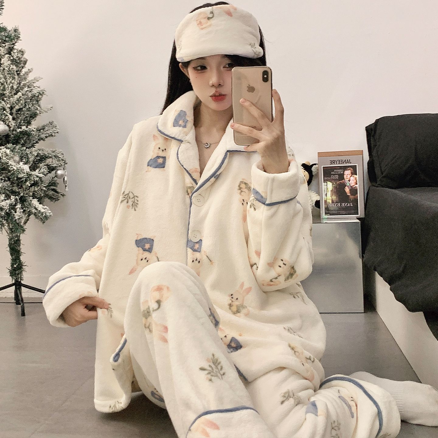 月子帽法兰绒哺乳孕妇秋冬季产后住院睡衣加绒加厚月子服珊瑚绒带