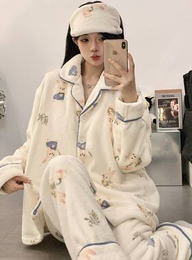 月子帽法兰绒哺乳孕妇秋冬季产后住院睡衣加绒加厚月子服珊瑚绒带