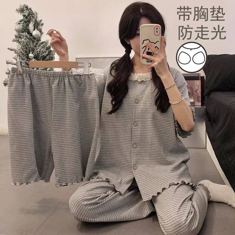 产后喂奶孕妇睡衣短袖短裤夏天薄款不勒肚月子服带胸垫长裤三件套