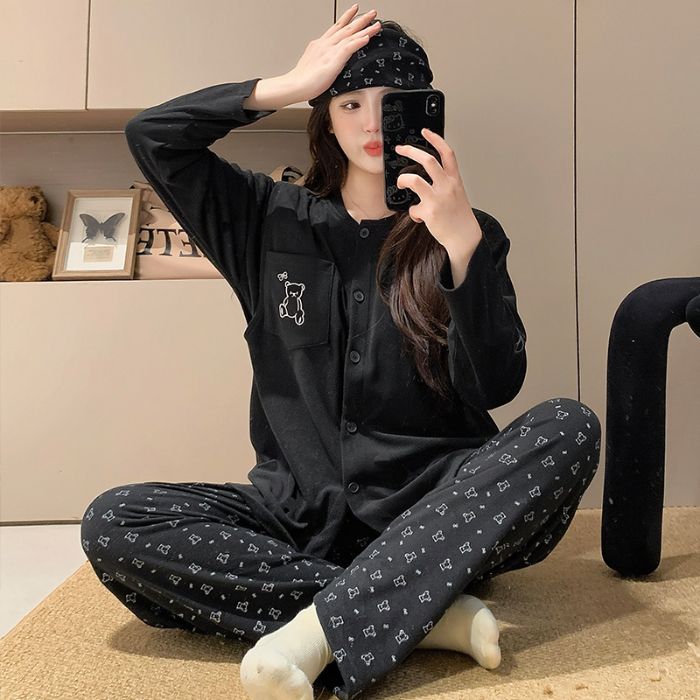 产后哺乳睡衣德绒孕妇带胸垫纯棉秋冬季加绒加厚发热月子服春秋款