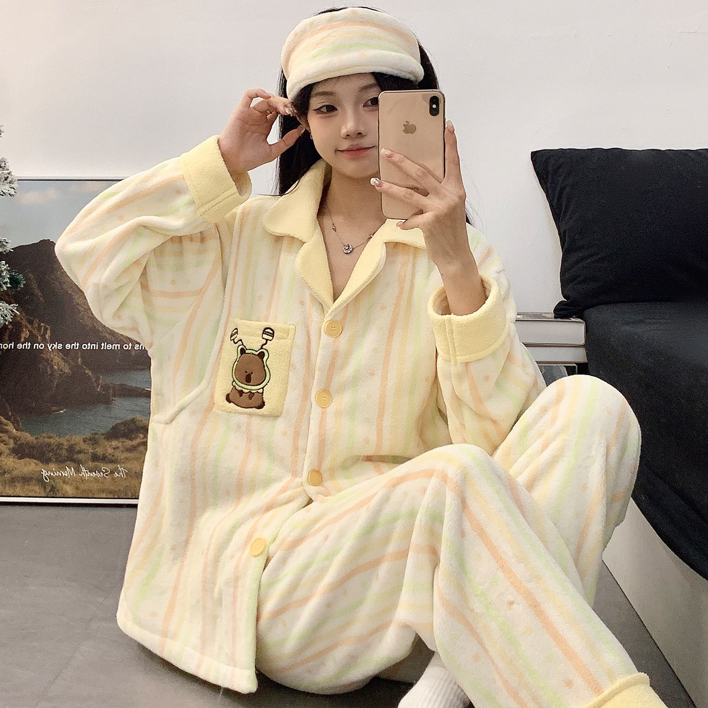 珊瑚绒带月子帽月子服法兰绒秋冬季加绒加厚产后哺乳孕妇睡衣住院
