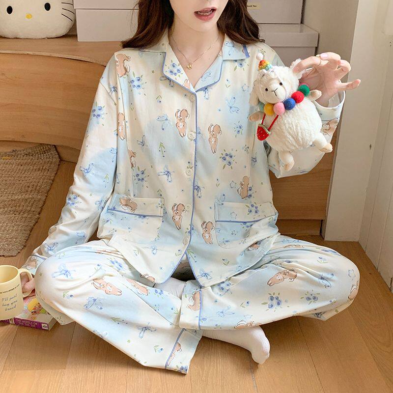 产前产后孕妇睡衣女全棉吸汗春天开衫喂奶哺乳装秋冬季纯棉月子服