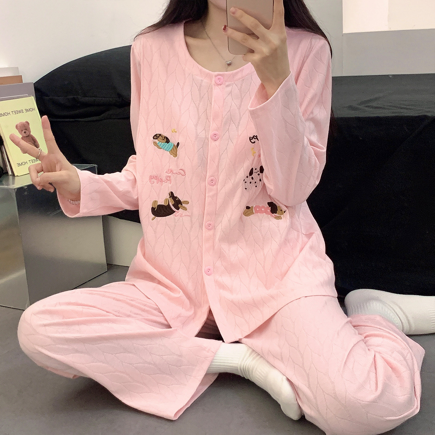 带胸垫月子服薄款纯棉产后哺乳孕妇睡衣卡通春秋喂奶期产妇家居服