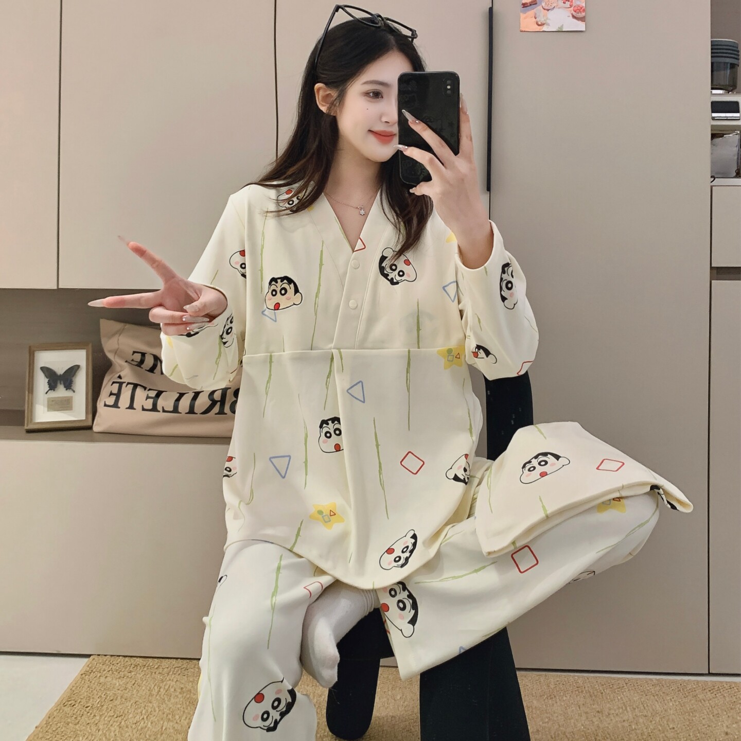 月子帽孕妇睡衣四季款产前产后待产妇月子服套头抗菌纯棉带胸垫