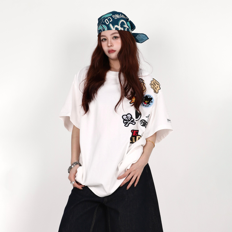 INGA美式设计感毛巾绣短袖T恤女夏季新款宽松高级感上衣情侣潮牌