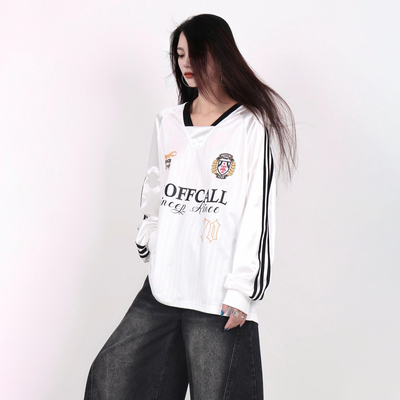 INGA美式复古条纹杠条V领短袖T恤女夏季甜酷运动风别致薄款卫衣潮