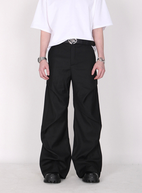 INGA美式小众褶皱拖地微喇休闲裤高级感宽松直筒垂感黑色西裤女夏