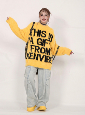 INGA美式复古马海毛黄色毛衣女宽松慵懒风氛围感针织衫外套潮情侣