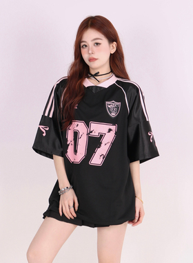 INGA美式亮面V领运动球衣女夏季插肩拼接上衣blokette短袖T恤情侣