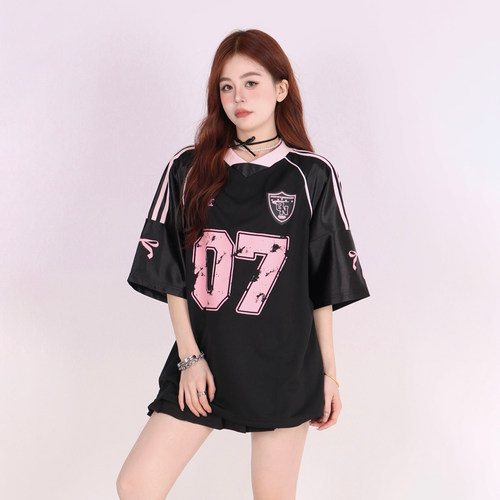 INGA美式亮面V领运动球衣女夏季插肩拼接上衣blokette短袖T恤情侣