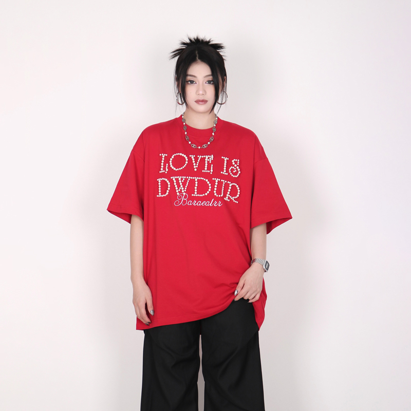 夏季美式复古设计感立体珍珠短袖