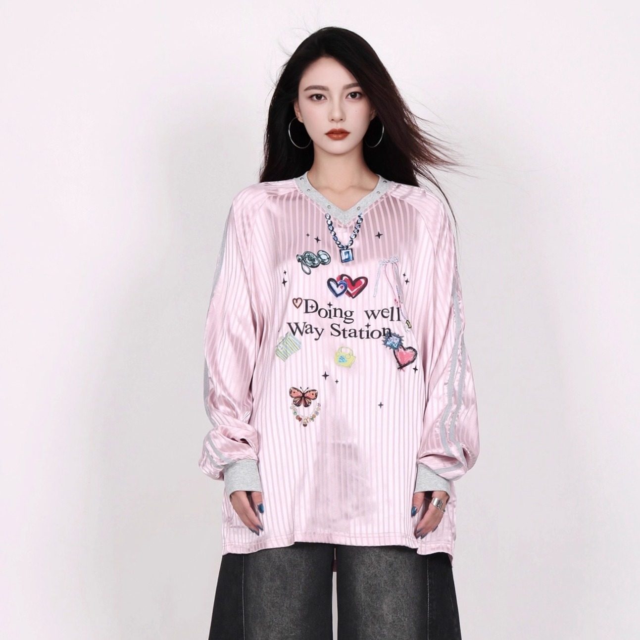 INGA美式v领柳钉长袖T恤球衣女秋季防晒罩衫blokette运动薄款卫衣