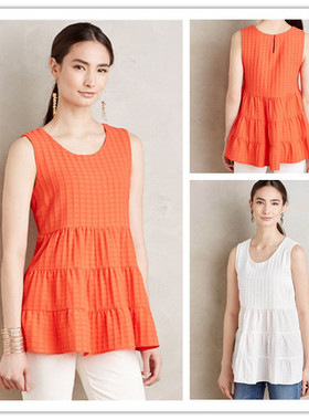 清仓美国美金纯棉立体格纹荷叶边娃娃无袖上衣裙衫