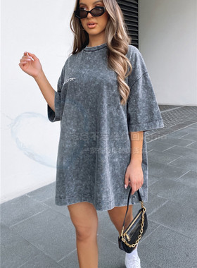 清仓 澳洲ins美式街头复古纯棉水洗做旧男友宽松T恤tee连衣裙炭