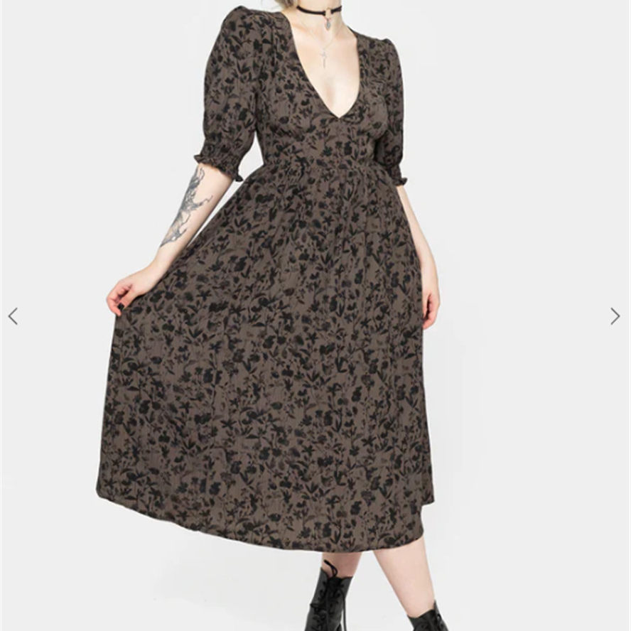 英国小众哥特亚文化ins暗黑辣妹复古三角露背高腰连衣裙印花灰绿