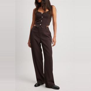 美国小众青春时尚ins休闲老钱风简约中高腰挺阔直筒阔腿西裤咖啡