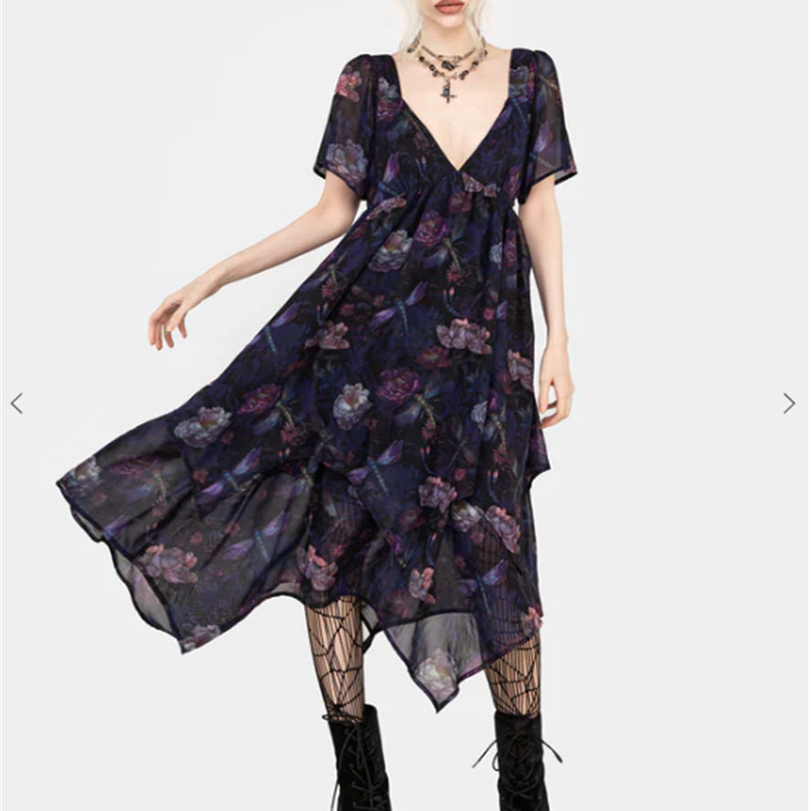 英国小众哥特亚文化ins暗黑辣妹碎花雪纺连衣裙高腰不规则茶歇裙