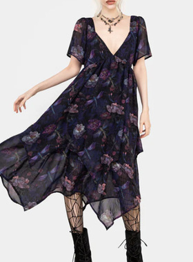 英国小众哥特亚文化ins暗黑辣妹碎花雪纺连衣裙高腰不规则茶歇裙