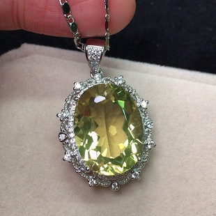天然黄水晶吊坠女士S925纯银项链时尚 大气招财高档黄宝石水晶项坠