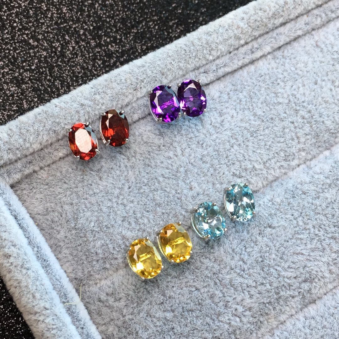 S925银纯银耳钉石榴石紫水晶托帕石彩色宝石耳钉女气质简约耳饰,饰品/流行首饰/时尚饰品新,耳饰,淘宝优惠券,粉丝福利购,淘宝优惠卷