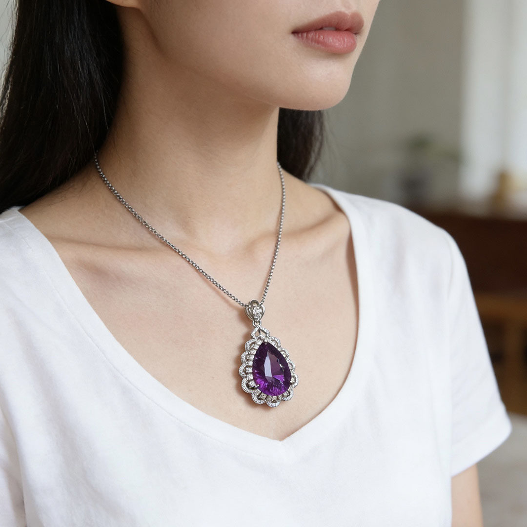 S925纯银镶乌拉圭天然紫水晶水滴吊坠项链女锁骨链深紫色水晶项坠