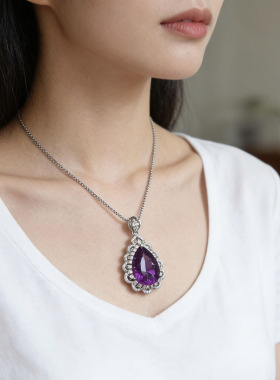 S925纯银镶乌拉圭天然紫水晶水滴吊坠项链女锁骨链深紫色水晶项坠