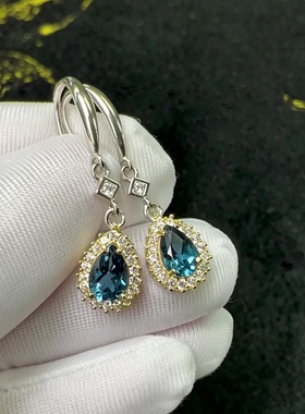 S925银蓝宝石水滴耳环女轻奢高级感镶钻耳坠伦敦蓝托帕石纯银耳饰