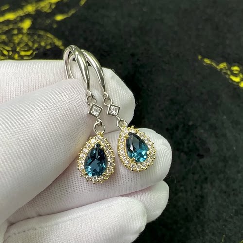 S925银蓝宝石水滴耳环女轻奢高级感镶钻耳坠伦敦蓝托帕石纯银耳饰