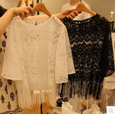 Spring and summer Korean Edition Large tassels Lace shirt Easy T-shirts Smock transparent perspective Hollow Elbow sleeve jacketin the Women's clothing/Boutique , Lace shirt/Chiffon shirt  category - from Buy2taobao.com to provide professional Taobao agent buy service