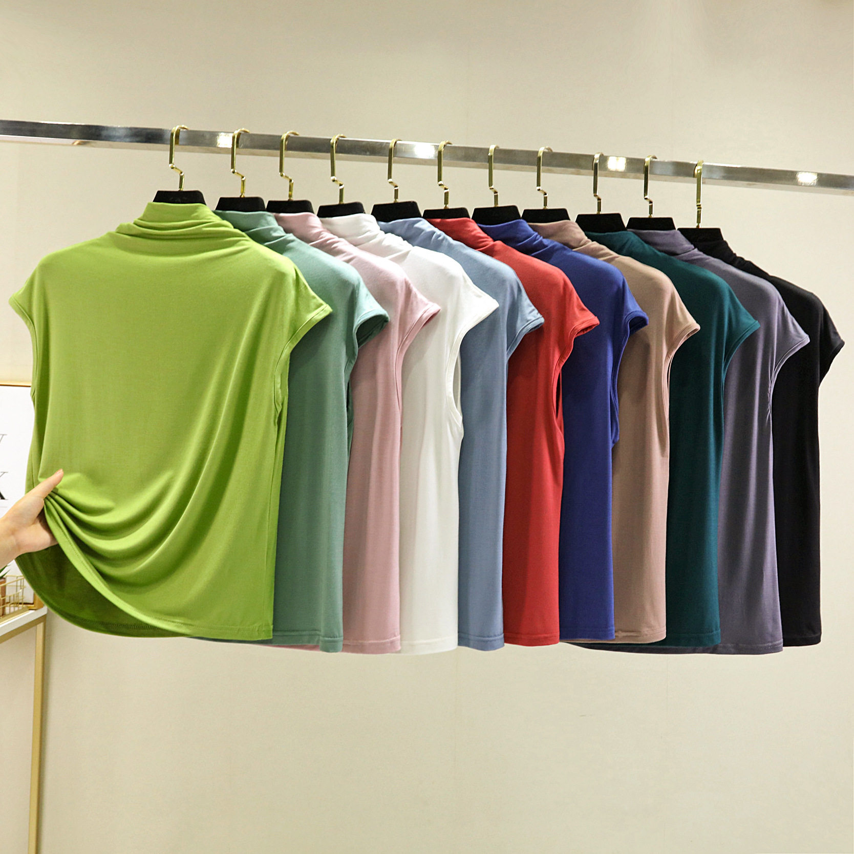 夏季新款比特棉高领无袖打底衫大码弹力套头T恤气质通勤女上衣