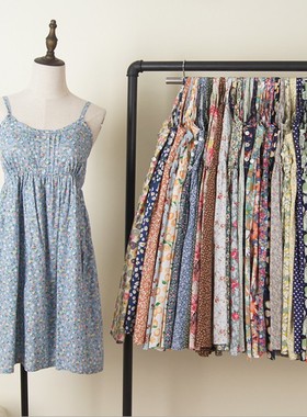 日系森女纯棉布印花A字连衣裙度假风沙滩裙小清新碎花吊带中长裙
