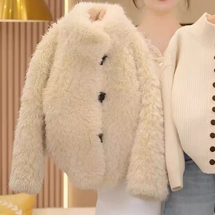 女童冬季2025新款慵懒小香风加厚立领羊羔毛仿皮草外套女童装短款