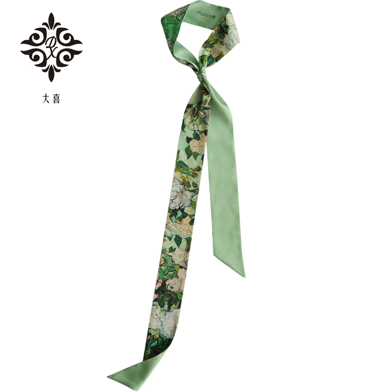 大喜夏季油画女白玫瑰窄丝巾