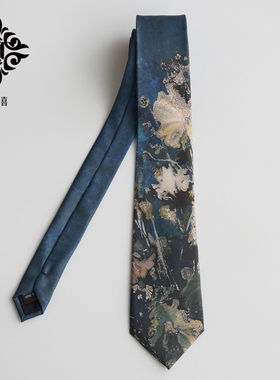 大喜原创设计 蓝绿色油画质感荷叶印花领带男女复古文艺小众腔调