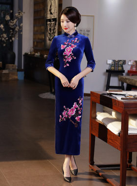秋冬新款丝绒长款旗袍改良日常宴会大码演出服妈妈女装一件代发