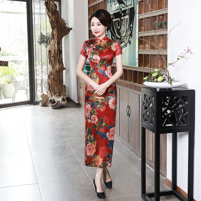 中国风春夏改良旗袍裙长款连衣裙大码妈妈女装宴会演出服修身