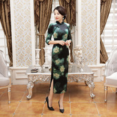 复古中国风日常装 秋冬改良旗袍裙长款 高开叉丝绒修身