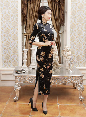 T0036秋冬丝绒改良长款旗袍裙大码女装妈妈装日常宴会中国风