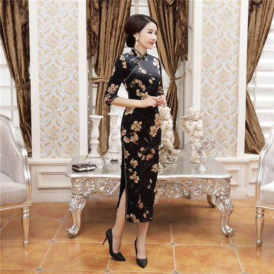 T0036秋冬丝绒改良长款旗袍裙大码女装妈妈装日常宴会中国风