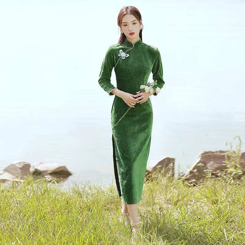 民国风老上海金丝绒长款长袖旗袍女名媛包臀性感连衣裙秋冬季女装