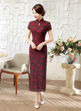 新款红色蕾丝长款旗袍敬酒服修身晚礼服礼仪旗袍晚礼服