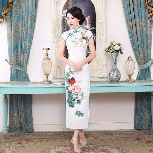 C0188丝绸大码短袖旗袍连衣裙长裙复古中国风女装礼服