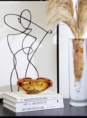 琥珀色琉璃花瓶轻奢水晶花器样板间玄关柜酒柜装饰品摆件干花花插